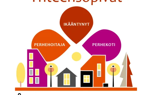 Kuvassa lukee yhteensopivat ja siihen on piirretty kolme lehdykkää, joissa lukee ikääntynyt, perhehoitaja ja perhekoti. Alareunassa on piirretty kesäinen katu taloineen. 