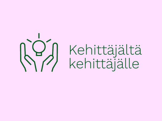 Kehittäjältä kehittäjälle -teksti ja piktogrammi hehkulamppu kämmenten välissä