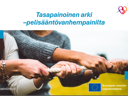 Tasapainoinen arki -pelisääntövanhempainilta -kuvituskuva. EU logo, KNOT-logo ja kuva, jossa vedetään yhtä köyttä.