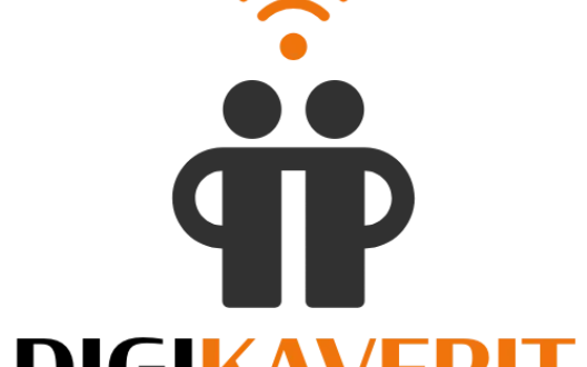 Kaksi hahmoa keskellä. Heidän yläpuolella langattoman verkon symboli. Alla teksti Digikaverit