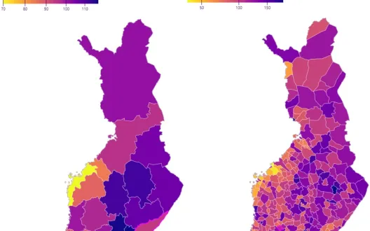Kaksi Suomen karttaa, joista toinen näyttää huono-osaisuustilannetta hyvinvointialueittain ja toinen kunnittain