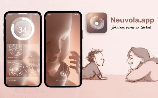 Kuvat Neuvola.appin aloitussivusta sekä piirros äidistä lapsensa kanssa.