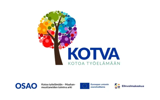 Puu, jossa sateenkaaren värinen lehvästö ja vieressä teksti KOTVA Kotoa työelämään. Alla logot OSAO, Euroopan unionin osarahoittama ja Elinvoimakeskus.