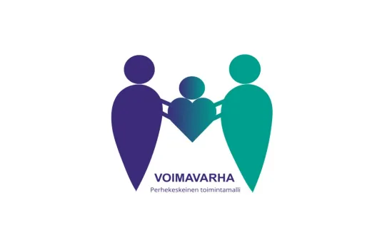 logo, jossa kaksi hahmoa kannattelevat pientä sydämenmuotoista hahmoa