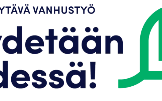 Logon yläosassa lukee tummansinisellä pienellä tekstillä Oulun löytävä vanhustyö, sen alla suurella Löydetään yhdessä!. Tekstin oikealla puolella on vihreä lehtikuvio.