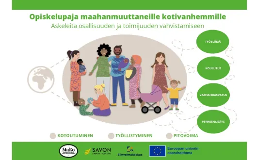 Eri näköisiä aikuisia ja lapsia yhdessä iloisena. 