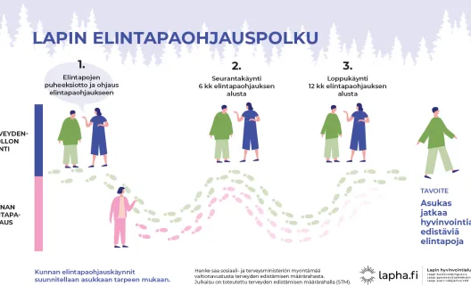 Elintavat otetaan puheeksi terveydenhuollossa, josta asiakas ohjataan kunnassa tapahtuvaan elintapaohjaukseen. Terveydentilan seuranta tapahtuu terveydenhuollossa kuuden ja 12 kuukauden kuluttua elintapaohjauksen alusta. Tavoitteena on, että asukas saa riittävät valmiudet toteuttaa terveellisiä elintapoja arjessaan.