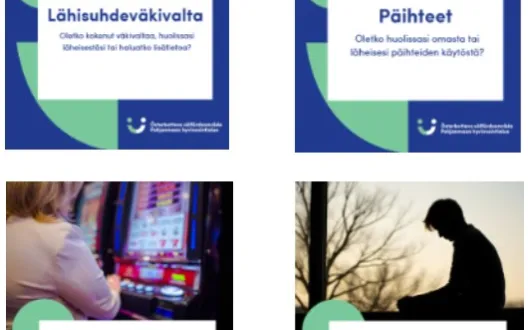 Kuvassa on neljä teemakohtaista esitettä: ”Lähisuhdeväkivalta”, ”Päihteet”, ”Digi- ja rahapelaaminen” ja ”Mielen hyvinvointi”. Esitteet sisältävät tietoa ilmiöistä, omahoito-ohjeita sekä alueellisten ja valtakunnallisten tuki- ja hoitopalveluiden yhteystietoja. Materiaalit tukevat puheeksiottoa, tiedon jakamista ja palveluohjausta sosiaali- ja terveydenhuollossa, kunnissa, järjestöissä ja seurakunnissa.