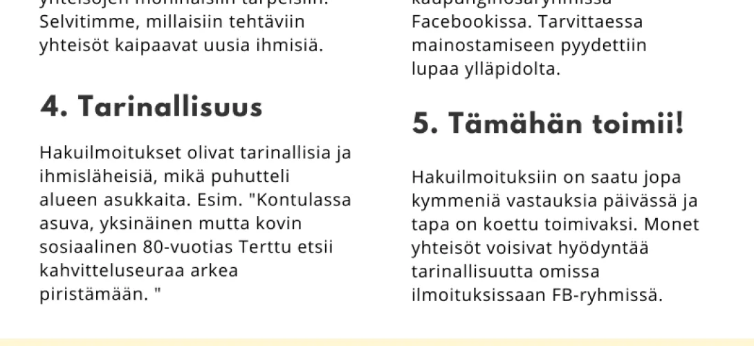 Vapaaehtoistehtävien mainostus Facebookin kaupunginosaryhmissä