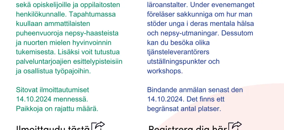Nuorten mielen hyvinvointi 2024- koulutustapahtuma ammattilaisille, Pohjanmaan hyvinvointialue (RRP, P4, I1)