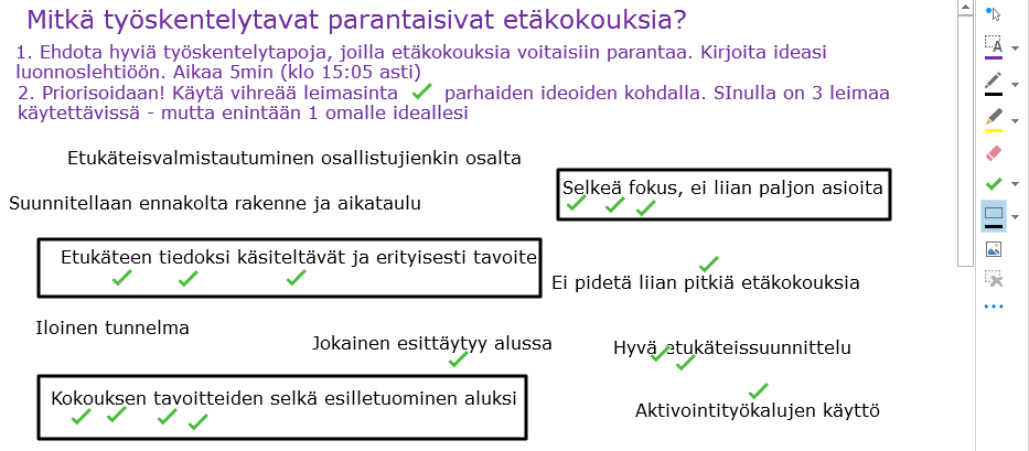 kuva virtuaalisesta valkotaulusta, johon on koottu ideoita
