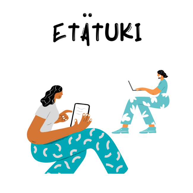 Kuvassa kaksi piirroshahmoa. Etummainen hahmo pitää sylissään tablettia ja taaimmainen käyttää kannettavaa tietokonetta. Kuvan yläreunassa lukee etätuki.