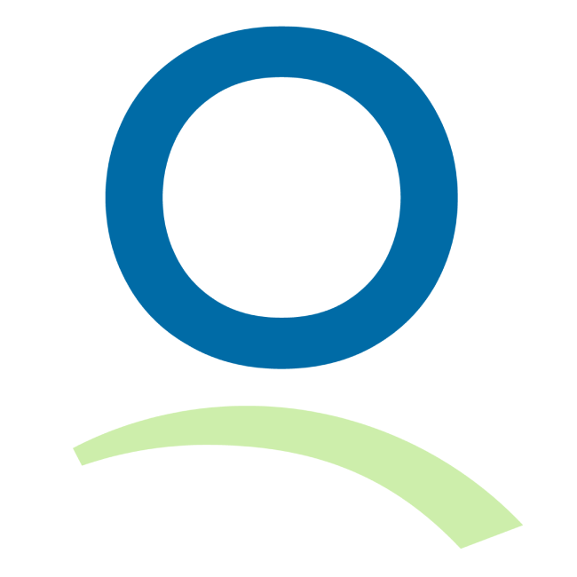 Sininen ympyrä vaaleanvihreän kaariviivan yläpuolella. Omaolo logo.