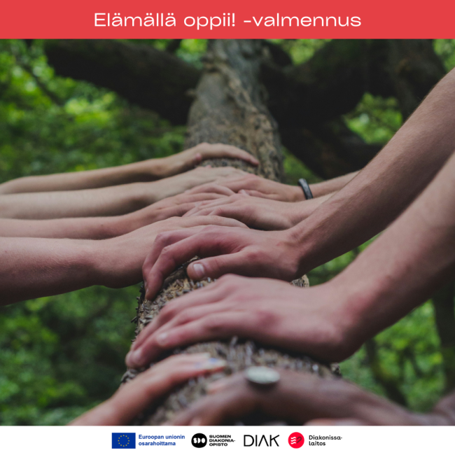 Ruskea puunrunko jonka päällä useat erilaiset kädet. Kuvassa myös tekstit Elämällä oppii! -valmennus sekä logopalkki jossa logot: ESR+ Euroopan unionin osarahoittama, Suomen Diakoniaopisto, Diakonia-ammattikorkeakoulu, Diakoniaopisto.