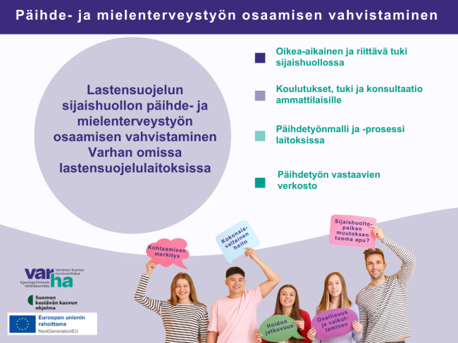 Lastensuojelun sijaishuollon päihde- ja mielenterveystyön osaamisen vahvistaminen Varhan omissa lastensuojelulaitoksissa. Oikea-aikainen ja riittävä tuki sijaishuollossa, koulutukset, konsultaatiot sekä tuki ammattilaiselle ja päihdetyön prosessikuvaus