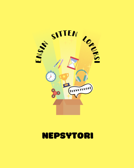 Kuvassa Nepsytorin kansikuva. Kuvassa lukee: ensin, sitten, lopuksi, nepsytori.