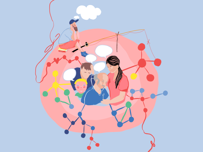 Kuva kuvaa asiakasosallisuutta. Siinä on erilaisia ihmisiä värikkään donitsin sisällä.