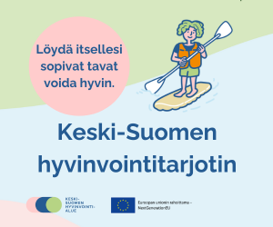 Piirroskuva jossa sub-lautailija ja teksti Keski-Suomen hyvinvointitarjotin