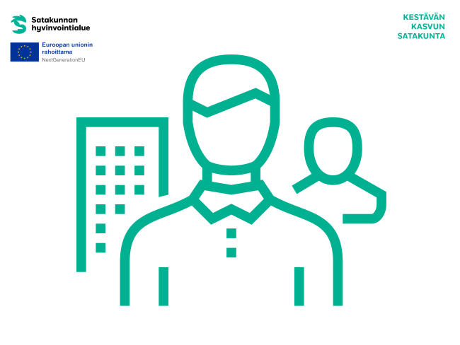 Avustetun puolesta asioinnin ikoni, jossa on kaksi ihmisfiguuria ja kerrostalo.