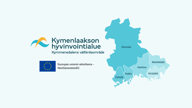 Kymenlaakson hyvinvointialueen ja EU:n logot sekä karttakuva Kymenlaakson hyvinvointialueesta
