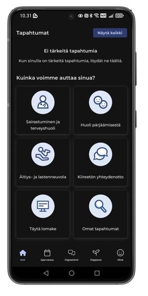 Päijät-Sote-sovelluksen Koti-sivulla oleva kiireetön yhteydenotto -painike ohjaa käyttäjän digiklinikan palvelukanavalle.