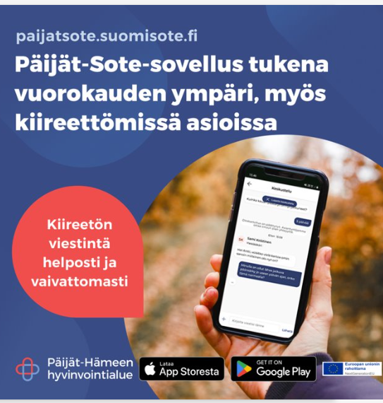 Kuvassa Päijät-Sote-sovelluksen mainosflyer: Päijät-Sote-sovellus tukena vuorokauden ympäri, myös kiireettömissä asioissa.