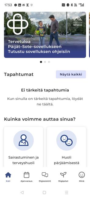 Kuvassa Päijät-Sote-sovelluksen etusivunäkymä