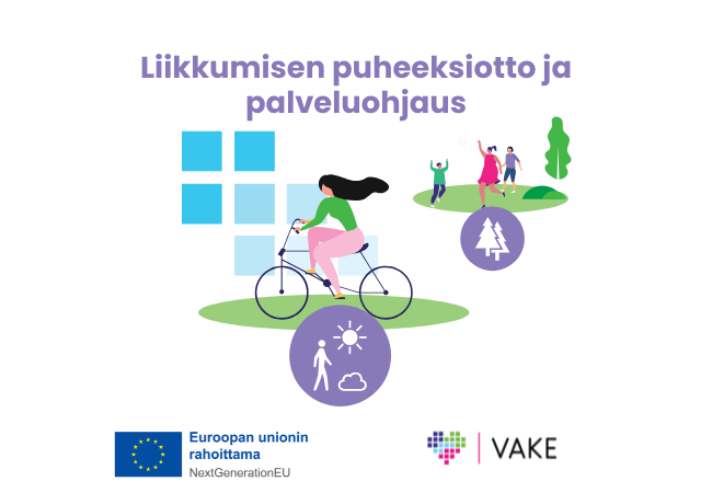 Pyöräilevä henkilö ja luonnossa liikkuvia henkilöitä.