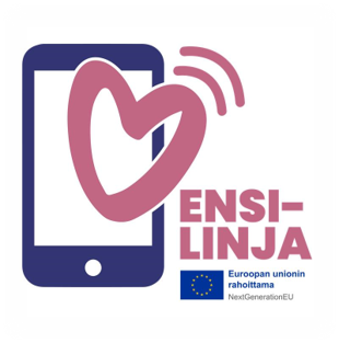 Ensilinjan logo, jossa violetti puhelin ja Oma Hämeen sydän ja RRP2-logo