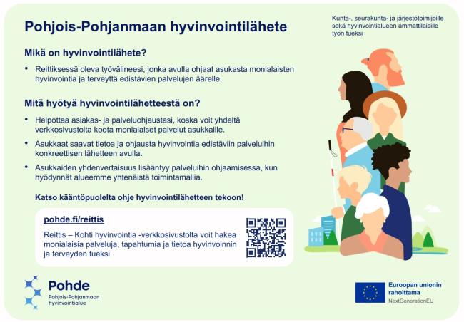 Pohjois-Pohjanmaan hyvinvointilähete-esite, jossa kerrotaan työvälineen tarkoitus ja hyödyt ammattilaisille.