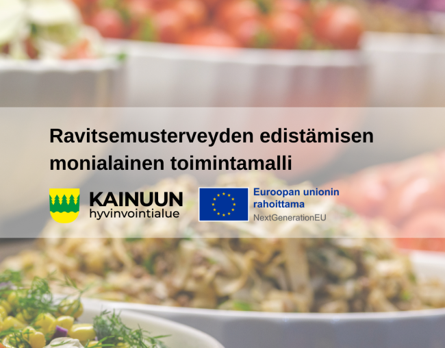Ravitsemusterveyden edistämisen monialainen toimintamalli. Kainuun hyvinvointialueen ja Euroopan unionin logot. Taustalla erilaisia ruokia astioissa.