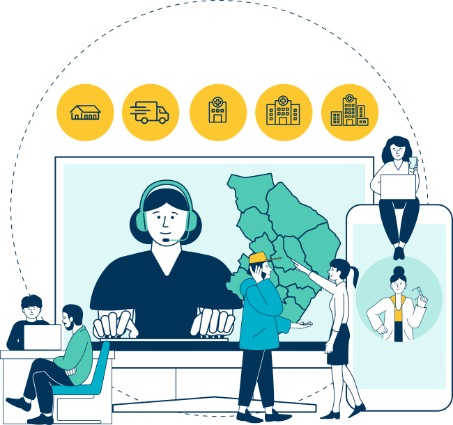 Iso kuva hoitajasta, joka on tietokoneella. Takana Pohjois-Karjalan kartta. Kuvan etuosassa mies sairaanhoitajan vastaanotolla, naislääkäri, mies ja nainen ja nuori nainen kannettava tietokone sylissä. 