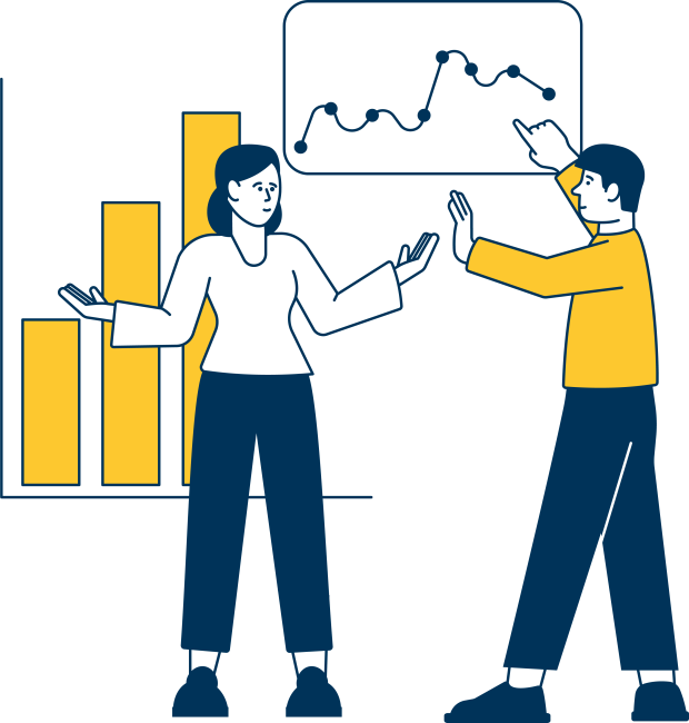 Nainen ja mies, joiden takana kuva pylväs ja viiva diagrammeista