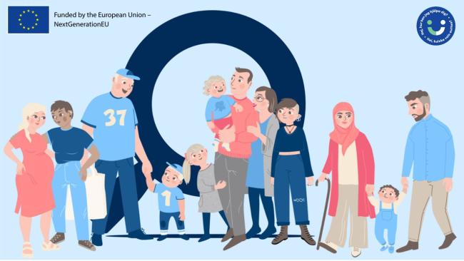 Piirros erilaisista ihmisistä seisomassa yhdessä. Kuvassa on eri-ikäisiä aikuisia ja lapsia, mukaan lukien raskaana oleva henkilö, vanhempi henkilö kepin kanssa sekä pieniä lapsia.