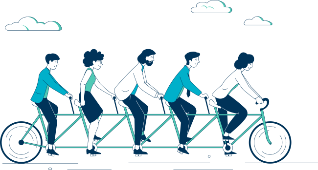 Viisi ihmistä ajaa tandempyörällä. 