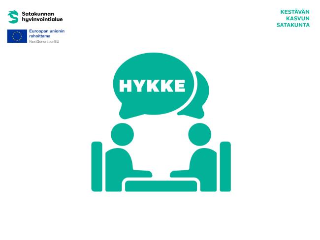 Ammattilainen ja asiakas keskustelevat pöydän ääressä. Puhekuplassa heidän yläpuolellaan lukee "hykke".