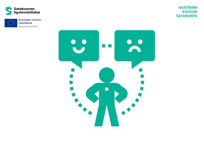 Kuvituskuvassa hahmo ja kaksi puhekuplaa, joissa on kasvot. Toisen suupielet ovat ylöspäin, toisen alaspäin