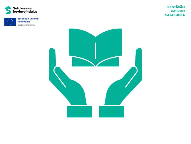 Piirroskuva, jossa on suojaavat kädet oppikirjan ympärillä.