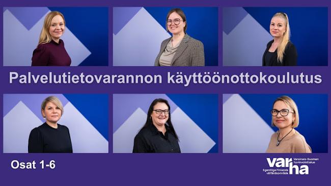 Palvelutietovaranto verkkokoulutuksen etusivu jossa kouluttajien kasvoja 