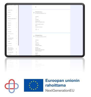 Asiakkaan näkymä internet selaimella digialustan käyttäjän tapahtumista ja potilaskertomuksista.
