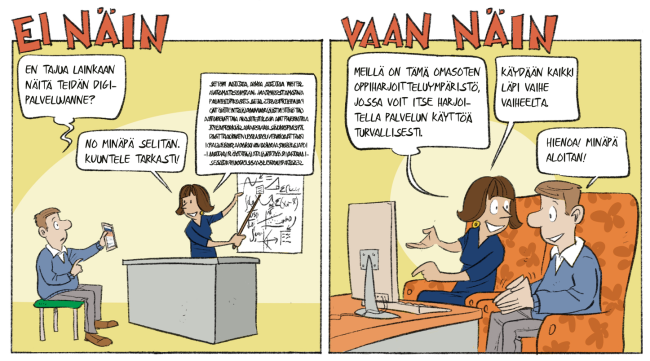 Sarjakuva asiakkaan opastamisesta