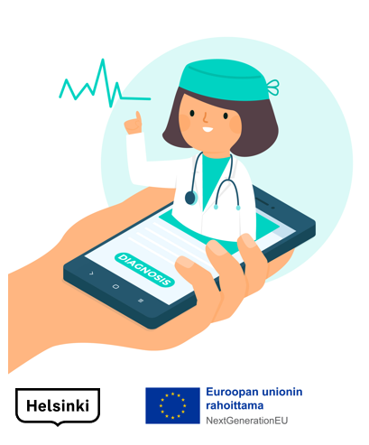 kädessä puhelin, puhelimen ruudulta tulee lääkärin hahmo