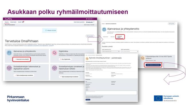Asukkaan polku OmaPirhan ryhmäilmoittautumiseen 