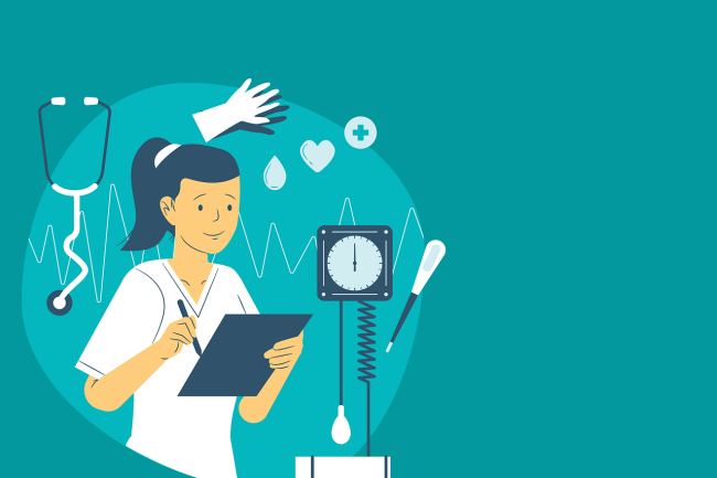 Hoitaja ja erilaisia hoitotarvikkeita