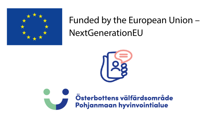 EU-logo, pohjanmaan hyvinvointialueen logo, kuva missä kännykkä kädessä