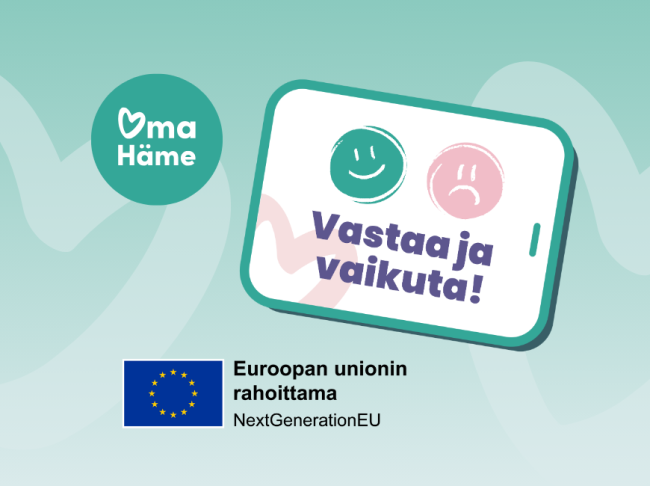 Kuvassa Oma Hämeen ja EU:n logo sekä kaksi hymiötä