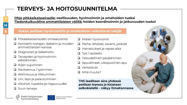 Terveys- ja hoitosuunnitelman tekemisen muistilista ammattilaisen ja potilaan yhteistyöhön.