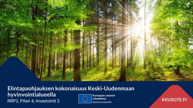 Kansikuva. Elintapaohjauksen kokonaisuus Keski-Uudenmaan hyvinvointialueella. RRP2, Pilari 4, Investointi 2. Euroopan unionin rahoittama.
