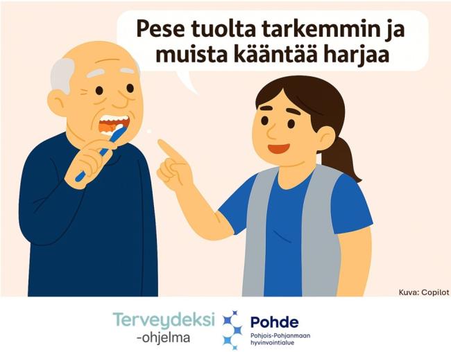 Kotihoidon ammattilainen ohjaa ikäihmistä hampaiden pesun hyvään lopputulokseen.