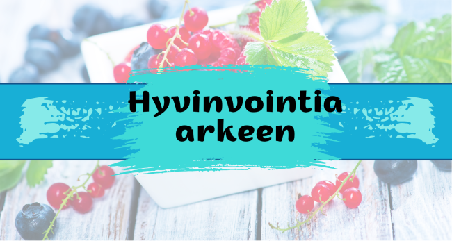 Hyvinvointia arkeen -teksti, taustalla kulhossa marjoja